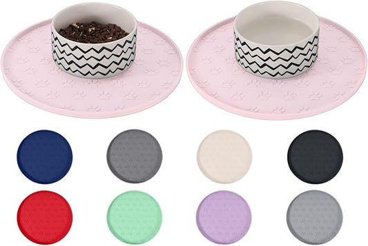 Comtim Waterproof Dog Food Mat - 2 Pack Silicone Pet Food Mat Dog Food Bowl Mats Cat Water Mats Eating Tray, Non-Slip Pet Placemat with Lip for Messy Drinkers to Protect Floor,Pink 11"×11"