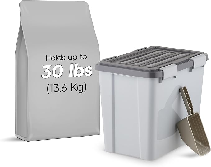 IRIS USA Stackable Dog Food Storage Container with 2 Cup Scoop, 4 Secure Latches, Fits up to 30 lbs, Pet Dry Food Bin, Gasket Seal Lid, BPA Free, Stackable, Easy Measure, Gray/Dark Gray
