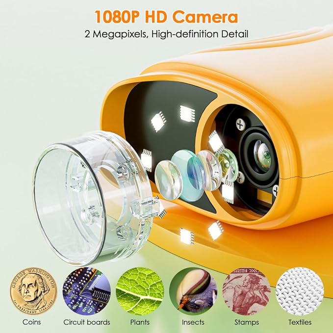 Temodu Kids Microscope 2.0" Screen 1000X Digital Microscope for Kids, Mini Pocket Handheld Microscopes for Children Birthday Festival Gift, Science Education Fun Toys for Boys Girls Ages 4-12 (Yellow)