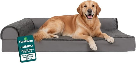 FurHaven Orthopedic Dog Bed for Large Dogs, L-Shaped Chaise Mattress with Orthopedic Egg Crate & Solid Orthopedic Foam Base for Joint Support, Washable Cover, Jumbo XL, Plush & Velvet, Platinum Gray