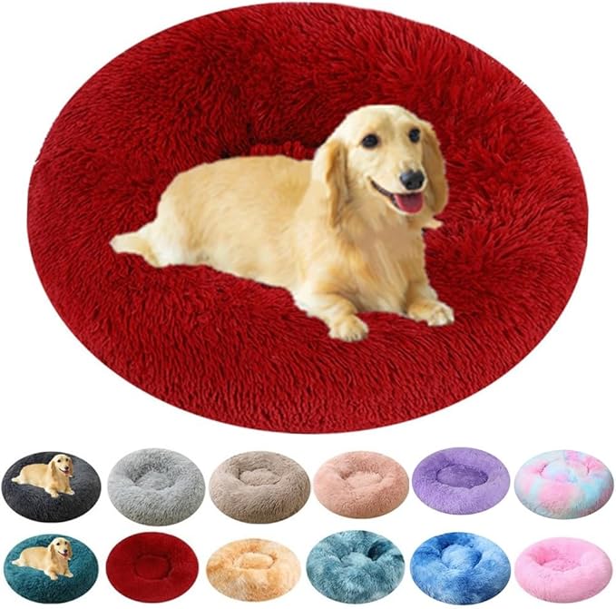 Calming Dog & Cat Bed, 24 Inch Anti-Anxiety Donut Cuddler Cat Bed with Anti-Slip Bottom, Washable Round Fluffy Pet Bed for Small Medium Dogs and Cats (Red)