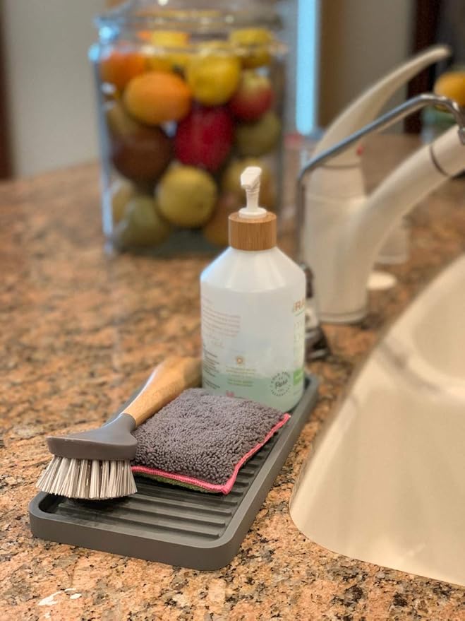 Silicone Kitchen Sink Organizer Tray, Sponge Holder and Countertop Protector | Bathroom and Kitchen Soap Dish and Dispenser Tray (Grey, 10"x5.25")