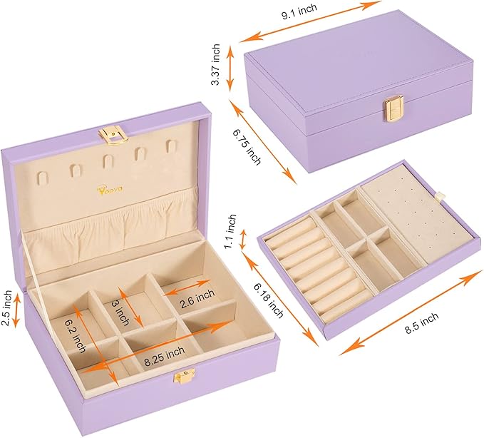 Voova Jewelry Box Organizer for Women Girls, 2 Layer Large Men Jewelry Storage Case, PU Leather Display Jewellery Holder with Removable Tray for Necklace Earrings Rings Bracelets,Vintage Gift,Lavender