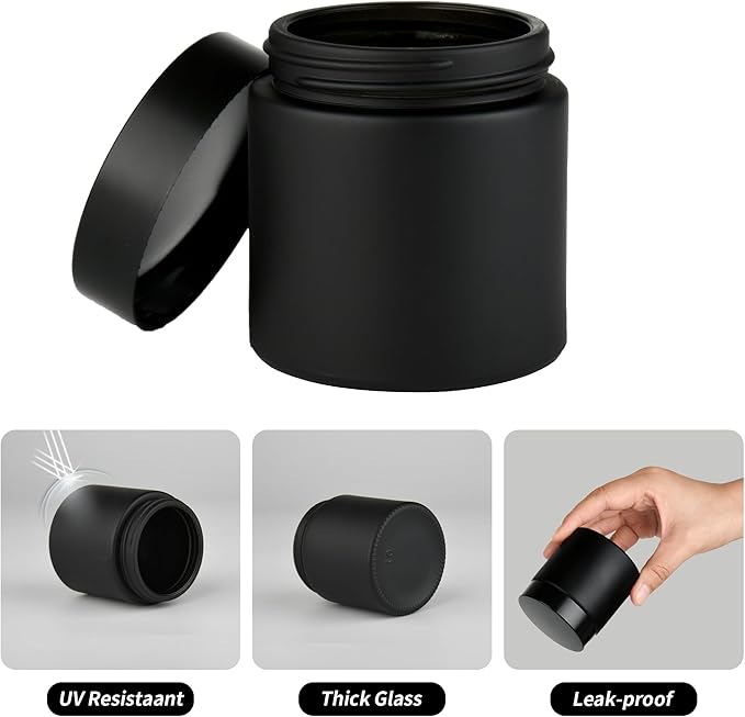 4 oz Reusable Black Glass Container Jars 24 Pack with Wide-mouth Leak Proof Cap and Inner Pull-On Lid for Travel Storage Makeup, Face Creams, Body Lotions, DIY Crafts or Others