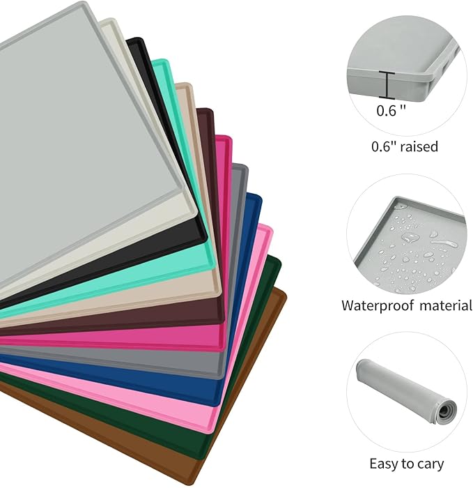 Dog Food Mat,Silicone Waterproof Food Tray,Non Slip Pet Bowl Mats Placemat,0.6" Raised Edge,Suitable for Most Small and Medium Sized Pets,24" x 16"