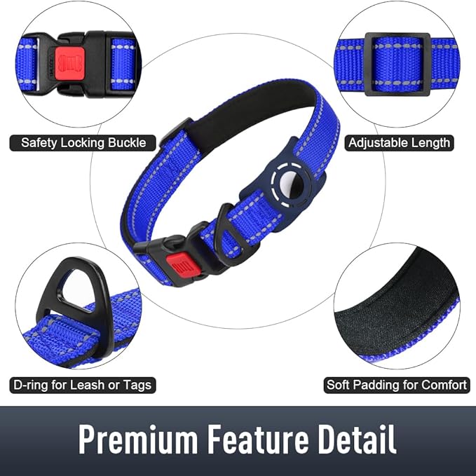 Airtag Dog Collar with AirTag Holder for Medium Dogs, Reflective, Soft Padded & Safety Locking Buckle, Nylon Pet Collars Adjustable for All Breeds, NavyBlue,M