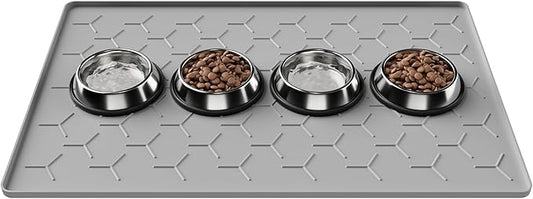 Pieviev 34''x22'' Dog Cat Food Bowl Mat, Silicone Waterproof Food Grade Pet Food Mat for Floor, High Raised Edge to Prevent Spills, Non-Slip & Easy Clean Pet Placemat for Dog & Cat Bowls, Light Gray