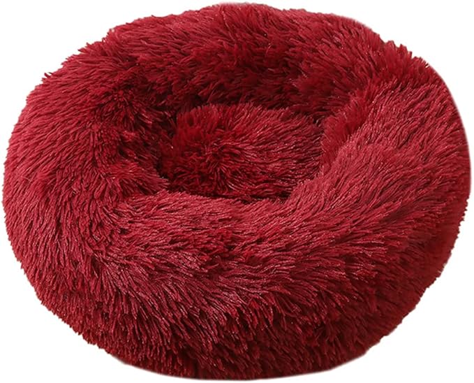 Calming Faux Fur Dog Beds Calming Donut Cuddler Dog Bed Washable Round Cat Bed Pillow Cuddler Fluffy Indoor Dog Calming Beds with Anti Slip Bottom Solid Color Dark Red 21 Inch