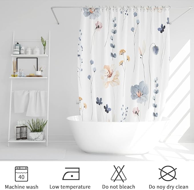 Gibelle Extra Long Shower Curtain 72 x 84, Watercolor Floral Fabric Shower Curtain, Blue Beige Flower Decorative Bathroom Shower Curtain Set with Hooks