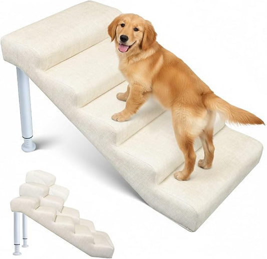 Adjustable Dog Stairs & Ramp for Cats and Dogs, 5-Step Pet Stairs for High Beds and Couch, 18.5"–23.6" Height, Linen Faux Leather, Waterproof, Scratch-Resistant, Non-Slip Indoor Pet Ramp