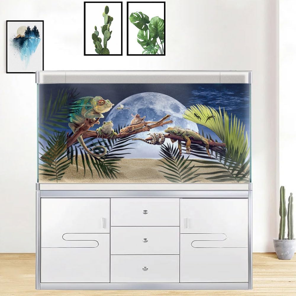 Moon Aquarium Background,Cool Sea Galaxy Parallel Space Themed Fish Tank Background, Cool Terrarium Background 30X12IN with 8 EVA Double-Sided Tape