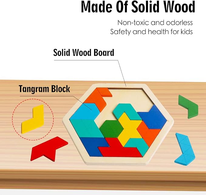 Wooden Hexagon Puzzle, Geometry Logic IQ Brain Blocks for Kids & Adults | Montessori Educational Toy, Geometric Shape Blocks, Logic IQ Game, Ideal Gift for Kids Teens Adults