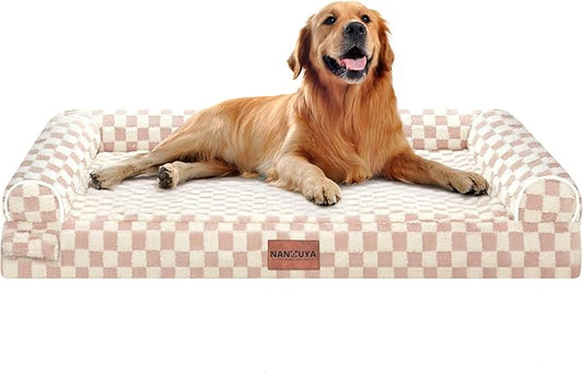 Large Dog Bed Orthopedic Washable: Beds Bolster XL Bed Big XLarge Dogs Egg Crate Foam Couch Sofa Waterproof with Removable Cover - Pink Grid