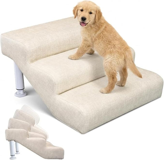 Adjustable Dog Stairs & Ramp for Cats and Dogs, 3-Step Pet Stairs for High Beds and Couch, 11.8"–14.5" Height, Linen Faux Leather, Waterproof, Scratch-Resistant, Non-Slip Indoor Pet Ramp