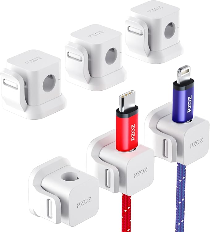 PZOZ 6 Pack Cable Organizer Clips, Adhesive Cord Holder for Desk, Secure Cable Management Clips for USB-C, Lightning & Charging Cables, Wire Organizer for Home Office Car (White)