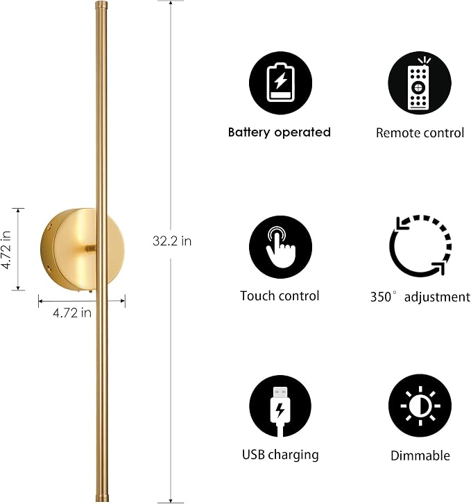 KARTOOSH Battery Operated Wall Sconces, Dimmable Wall Sconces Set of Two