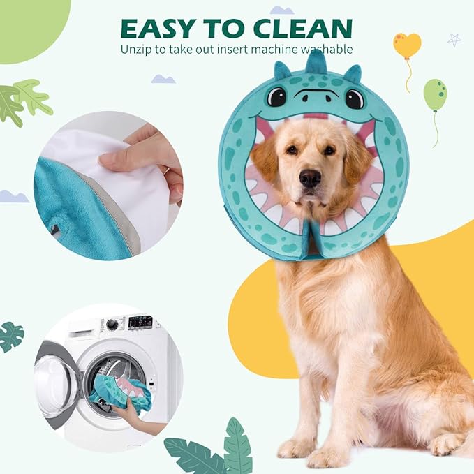 IEUUMLER Inflatable Recovery Dog Collar, Protective Donut Cone, Adjustable Soft Collar for Dog and Cat After Surgery Prevent from Biting & Scratching EU002 - Teal Dinosaur L