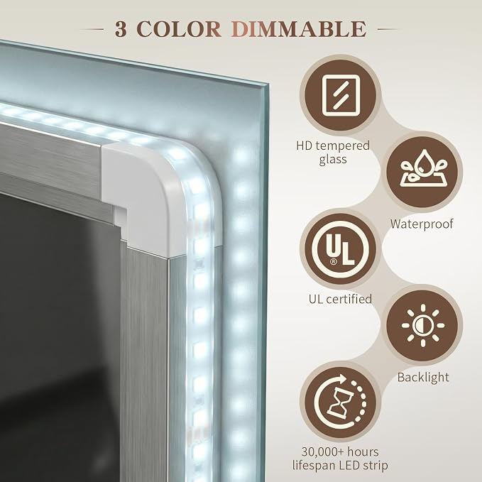 EOGOW LED Bathroom Mirror with Lights, 3 Colors Bathroom Mirror, Wall Mounted