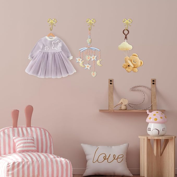 4 PCS Large Size Gold Bow Wall Hook, Metal Hooks, Bow Room Decor Hooks