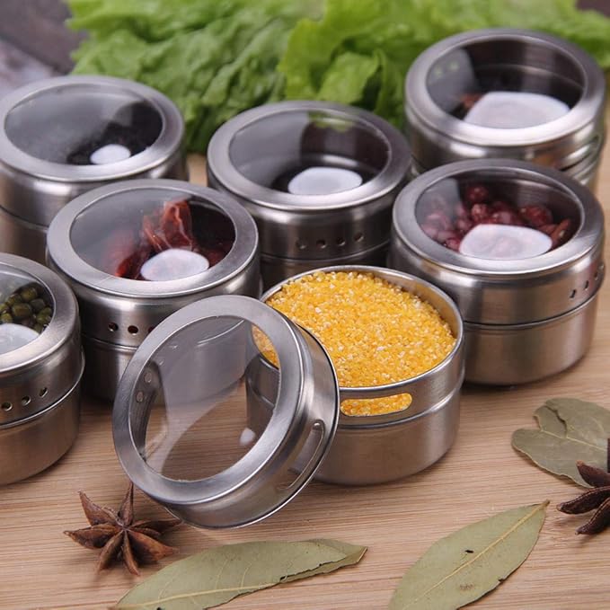 12 Powerful Magnetic Spice Tins- Stainless Steel Spice Storage Containers, Kitchen Spice Jars with Clear Lid with Sift & Pour, Rack Magnetic on Fridge, 120 Spice Labels