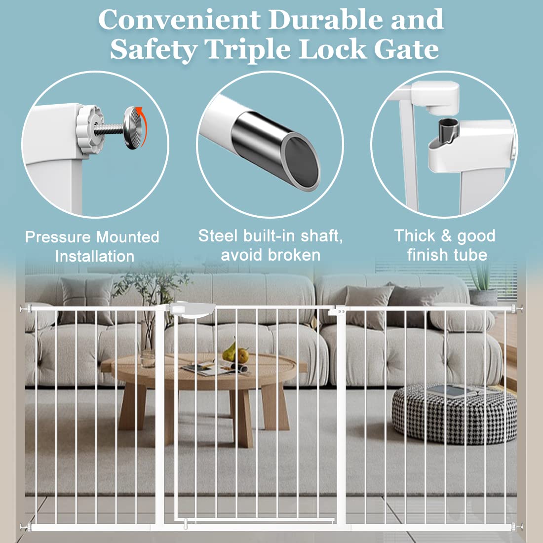 WAOWAO Triple Lock Baby Gate Extra Wide 39.76-43.7" Pressure Mounted Walk Through Swing Auto Close Safety White Metal Child Kids Dog Pet Puppy for Stairs,Doorways