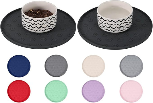 Comtim Waterproof Dog Food Mat - 2 Pack Silicone Pet Food Mat Dog Food Bowl Mats Cat Water Mats Eating Tray, Non-Slip Pet Placemat with Lip for Messy Drinkers to Protect Floor, Black 11"×11"