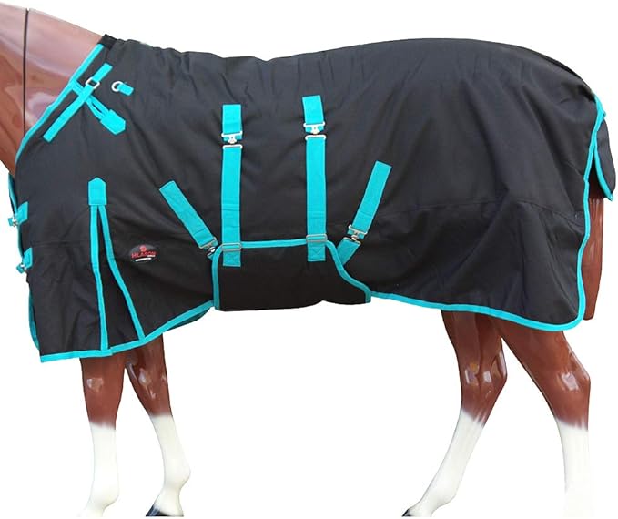 HILASON Black with Turquoise Trims 68 inch 1200D Winter Waterproof Poly Horse Turnout Blanket Belly Wrap