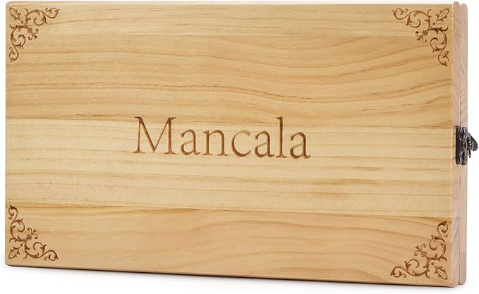 AMEROUS Wooden Mancala Board Game Set - Upgraded Larger Size - 72+8 Bonus Multi Color Glass Stones - Folding Board - Gift Package -Instructions, Portable Board Game for Adults, Kids