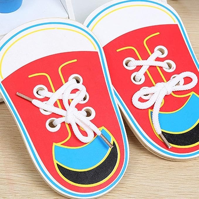 Calsgkspray 2Pcs Red Shoes Learning Toy Kits,Learn to Tie Your Own for Kids Practical Learning Toys for Young Children Training Board Kids Toddler Early Wooden Threading Lacing Shoes Craft Kits