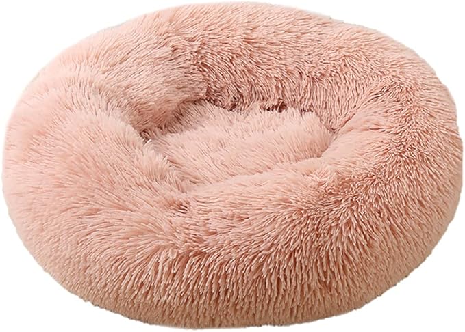 Calming Faux Fur Dog Beds Calming Donut Cuddler Dog Bed Washable Round Cat Bed Pillow Cuddler Fluffy Indoor Dog Calming Beds with Anti Slip Bottom Solid Color Peach Pink 43 Inch
