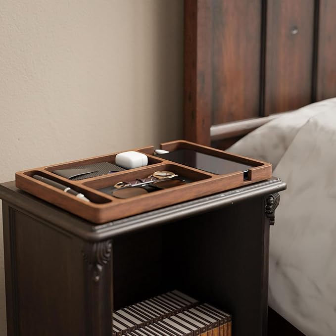 Shinpuru Wooden Valet Tray with Leather Inlay - Nightstand & Desk Organizer - EDC Essentials Catchall Tray for Keys, Phone, Wallet, Watch, Earbuds - Stylish Storage (Wood-Pen)