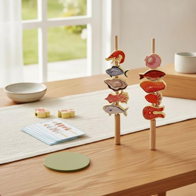 Menolana Children Cognitive Game Fruit Threading Toy Set with Wooden Lacing Beads Pattern Cards Stacking Creative Role Play Props Suitable for Preschool Activities Group, Seafood Skewers