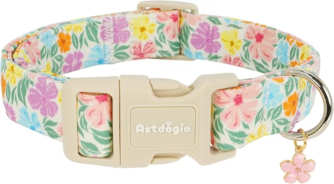 Cotton Dog Collar with Colorful Flowers for Spring Summer, Adjustable Puppy Dog Collars for Small Medium Large Dogs, Cute Girl Boy Dog Collar Ideal for Gifts,Pet Accessory,XS