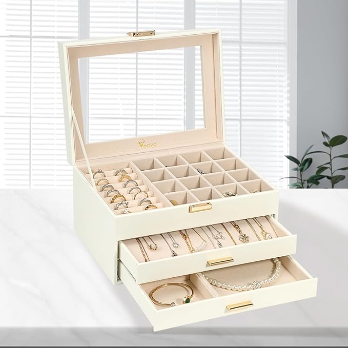 Voova Jewelry Box Organizer for Women Girls, 3 Layer PU Leather Jewelry Storage Case with Glass Lid & 2 Drawers, Large Jewellery Display Holder for Necklaces Rings Earrings Bracelets, White