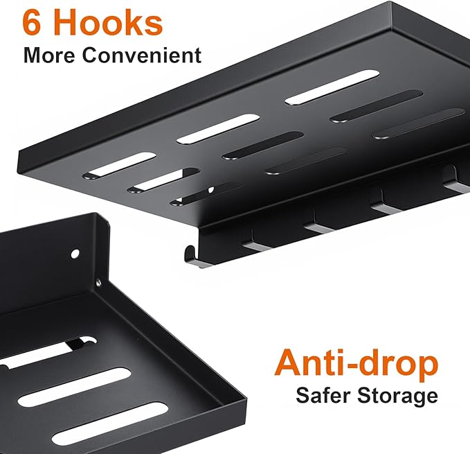 2 Pack Black Folding Wall Shelf with Hooks, Fold Down Wall Mounted Shelf – Space Saving 90° Foldable Shelves for RV, Camper, Bathroom, Kitchen, Garage, Laundry & Utility Room Storage (12”x6”)