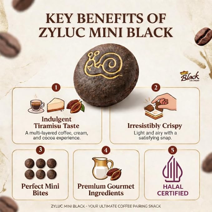 Zyluc Mini Black Crackers – Tiramisu Flavored Snack with Coffee Cocoa Blend – 35g Portable Pack – Light Crunch, Halal Certified, Made with Non-GMO Ingredients – Product of Indonesia – Pack of 20
