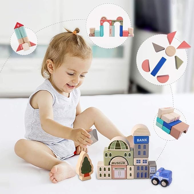 umbresen 115 Pcs Wooden City Building Blocks Set, Colorful Stacking Preschool Educational Toys for Toddlers Boys Girls Gifts with 20 Pcs Floor Jigsaw Puzzle and Storage Bag (City Building Toy Set)