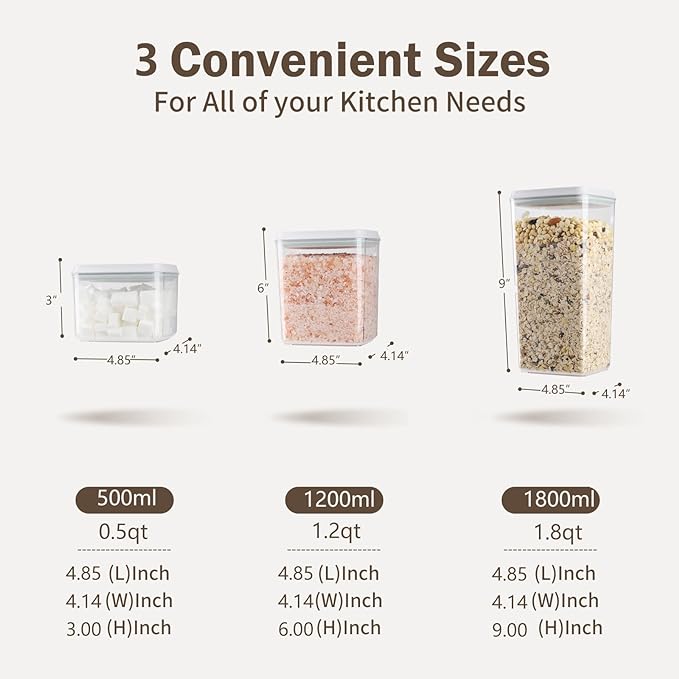 Pop Airtight Food Storage Containers Set with Lids, 6 Pcs Stackable One Button Opening Food Containers Kitchen Pantry Organization and Storage, BPA Free Stackable Cereal Container (0.5, 1.2, 1.8qt)*2