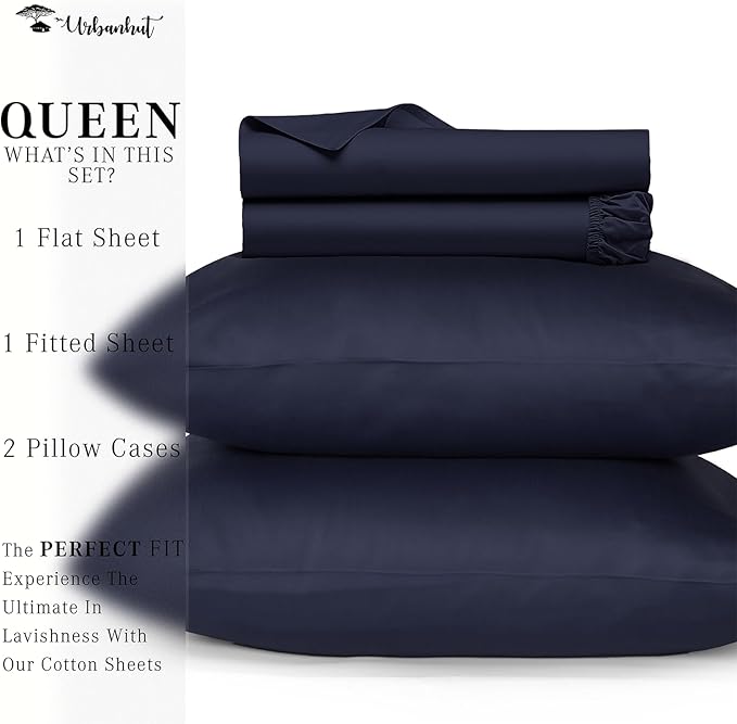 URBANHUT 700 Thread Count Queen Size Egyptian Cotton Sheets, 4Pc Sheet Set Soft Luxury Bed Sheets for Queen Size Bed, Sateen Weave Hotel Sheets, 16'' Elasticized Deep Pocket - Navy Blue