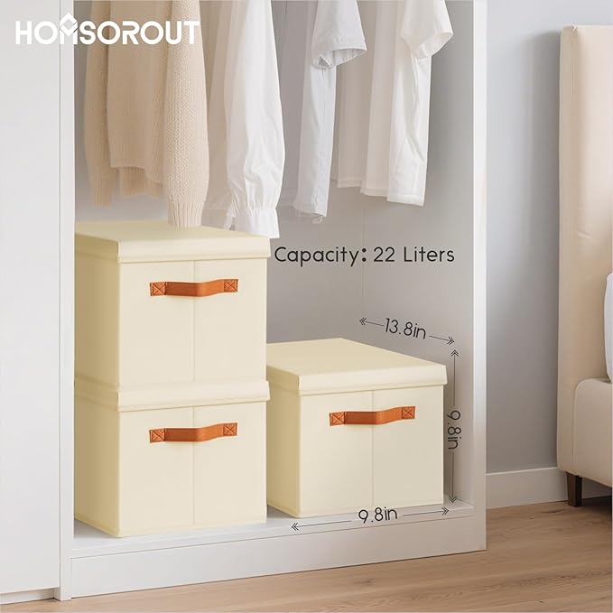 Storage Bins with Lids - Fabric Storage Baskets for Shelves, 6 Pack Foldable Decorative Boxes with Handles, Stackable Organizer Bins for Home, Nursery, Dorm, Beige
