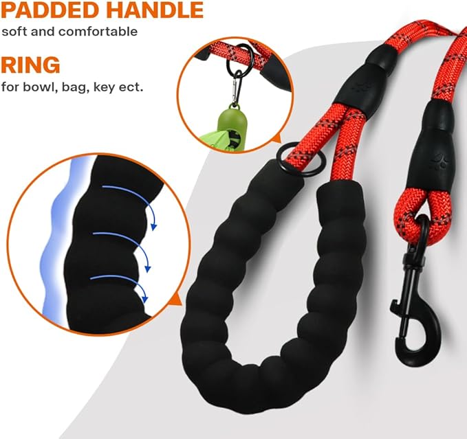 Taglory Rope Dog Leash 5 FT with Comfortable Padded Handle, Highly Reflective Threads Leash and Anti-Tangle Clip for Walking Small Dogs, 3/8 inch, Red