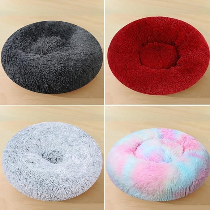 Large Calming Dog Bed, 40 Inch Anti-Anxiety Donut Dog Cuddler Cat Bed, Warming Cozy Soft Dogs Round Bed, Fluffy Faux Fur Machine Washable Pet Cushion for Medium Large Dogs & Cats (Dark Blue)
