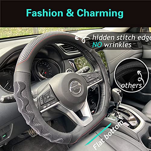 PINCTROT D Shaped 14.5-15 Inch Steering Wheel Cover Great Grip with 3D Honeycomb Anti-Slip Design, Flat Bottom 14.5-15 Inch (Black/Red Stitch) - color: 8.D-shaped,Black (Red Trim), size: Medium(Standard) Size[14 1/2''-15'']