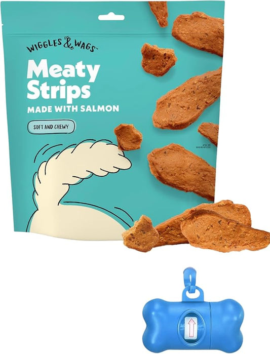 Wiggles & Wags Meaty Strips Dog Treats, Salmon Flavor, 16 oz with DN Essentials Bone Shaped Waste Bag Dispenser & Free Roll