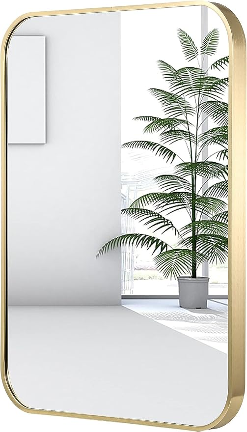 26x38 Inch Gold Bathroom Mirror, Brushed Brass Gold Metal Framed Rectangular
