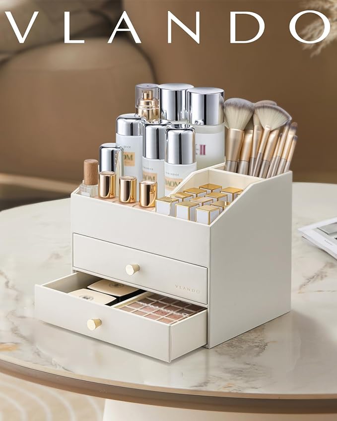 Vlando Makeup Organizer for Vanity,Large Capacity Countertop Organizer with Drawers, PU Leather Cosmetic Display Case for Lipstick,Brushes,Skincare,Bedroom Storage (Beige)