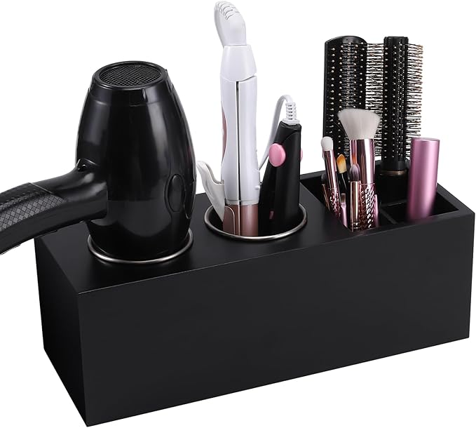Hair Dryer Countertop Holder, Hair Tool Organizer Wall Mount, Blow Dryer Holder Organizer, Bathroom Countertop Blow Dryer Holder and Curling Iron Holder (Cedar Wood, Black)