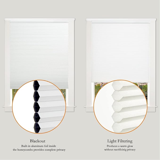 Persilux 100% Blackout Cordless Cellular Shades & Blinds Honeycomb Blinds Bottom up Thermal Insulated Window Shades for Home, Windows and Kitchen, White, 25" W x 72" H