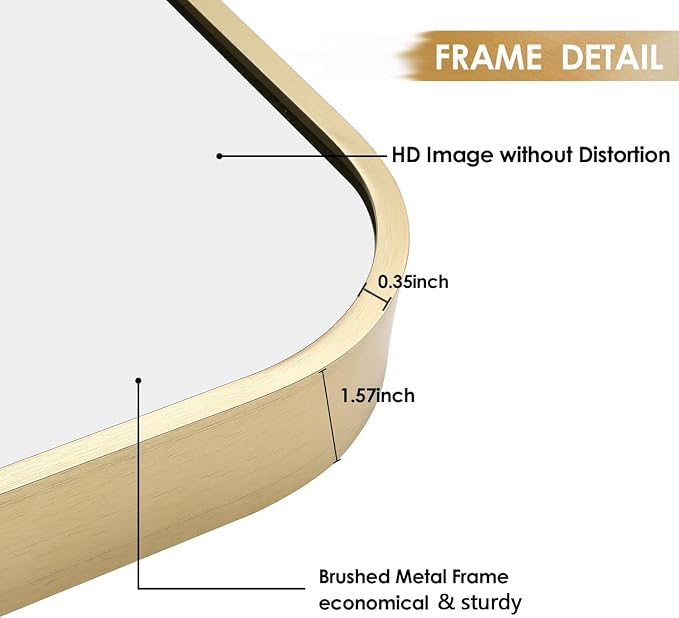 26x38 Inch Gold Bathroom Mirror, Brushed Brass Gold Metal Framed Rectangular