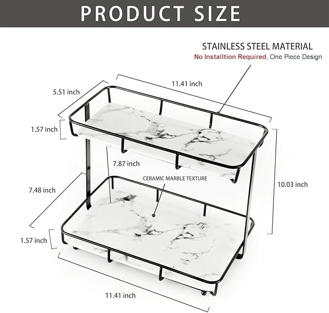 Bathroom Organizer Countertop Perfume Organizer Makeup Organizer Cosmetics Storage Display Rack Vanity Tray Dresser Stainless Steel Gold Shelf White Marble Ceramic Tray (2 Tier L-Black)